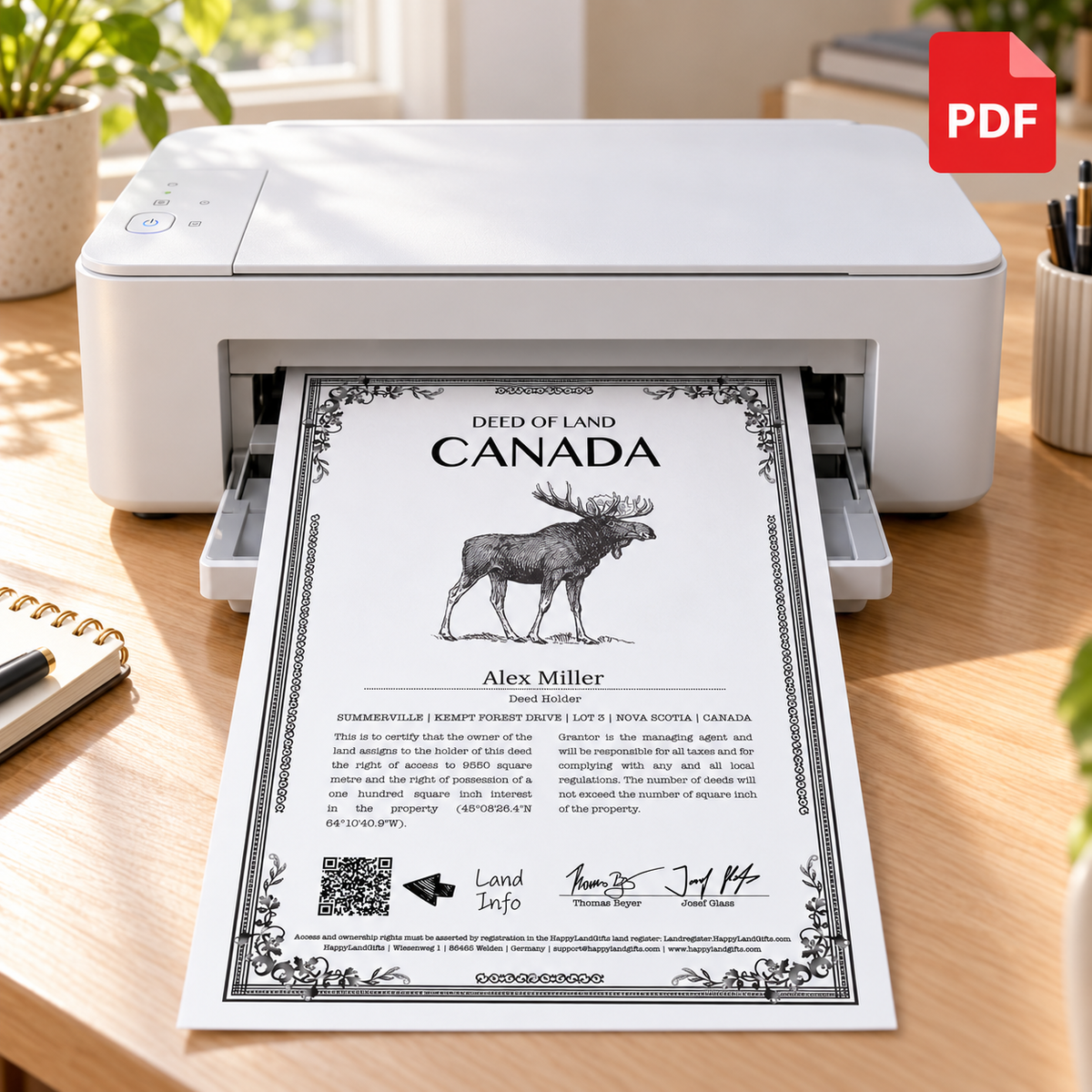 Printer on light oak with a black-and-white Canada certificate in its output tray and a PDF symbol