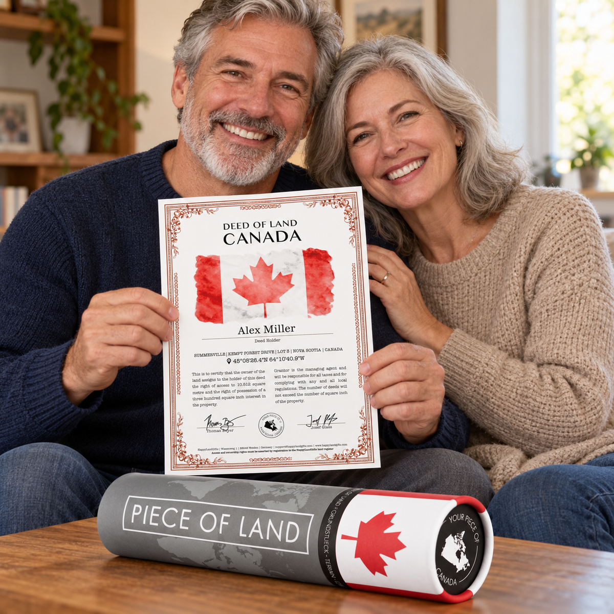 Two people enjoy a Canada land gift with a personalised certificate and matching gift tube