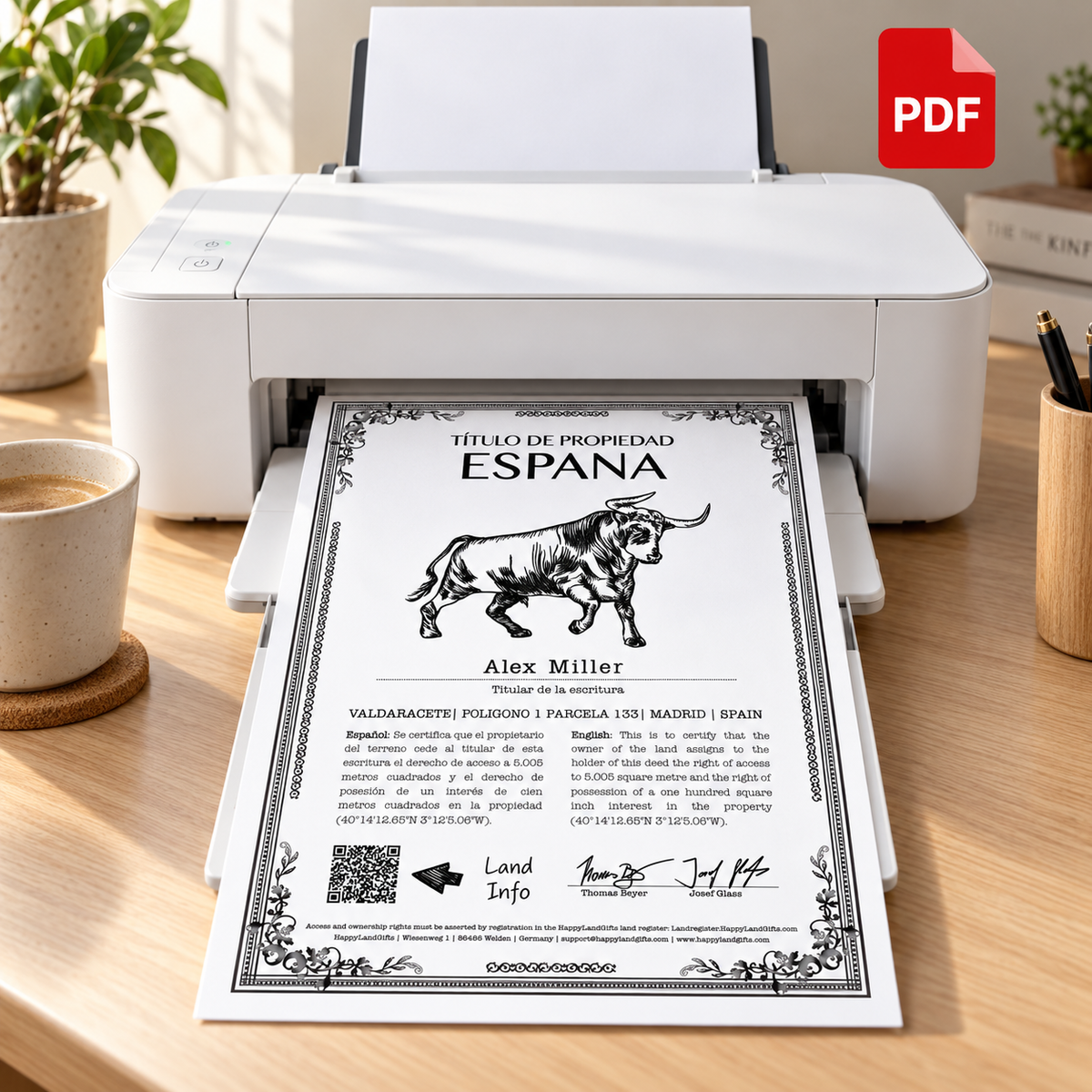 Printer on light oak with a black-and-white Spain certificate in its output tray and a PDF symbol