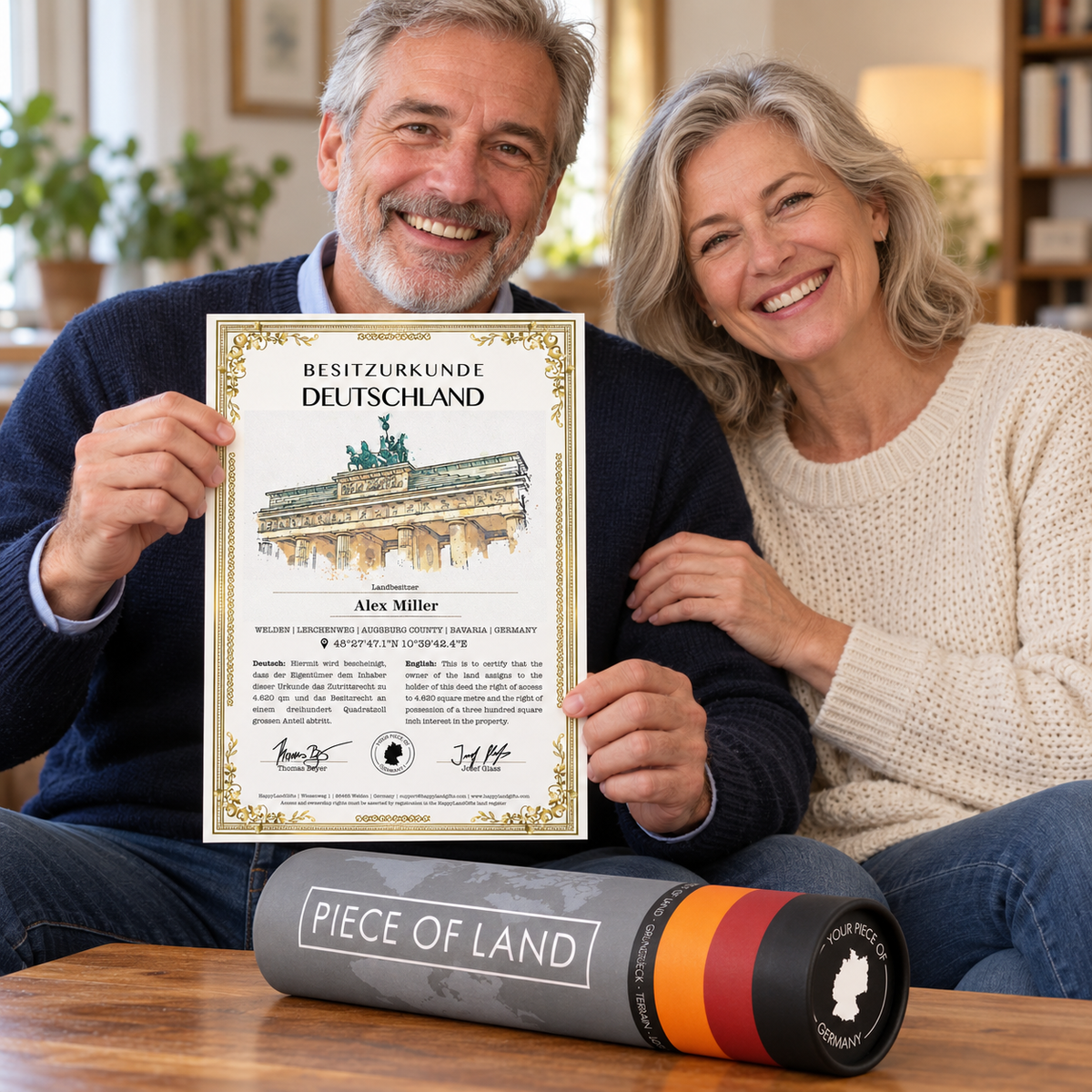 Two people enjoy a Germany land gift with a personalised certificate and matching gift tube