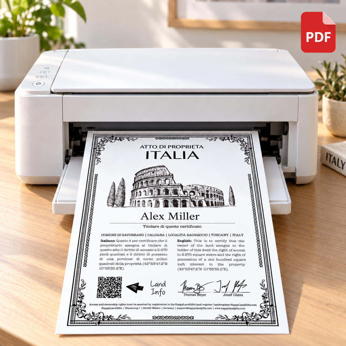 HappyLandGifts – Piece of Land Italy Digital: persönliches Geschenk mit einem Stück Italien und Urkunde zum Selbstausdrucken am Drucker / personalized gift with a piece of land and printable certificate