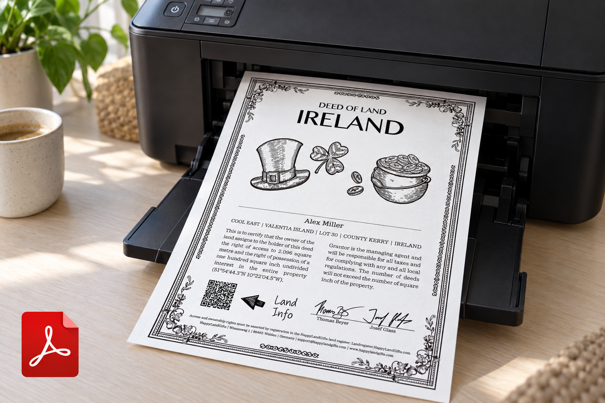 Printer on light oak with a black-and-white Ireland certificate in its output tray and a PDF symbol