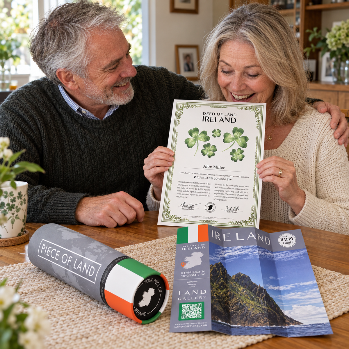 Two people enjoy a Ireland land gift with a personalised certificate and Irish gift tube