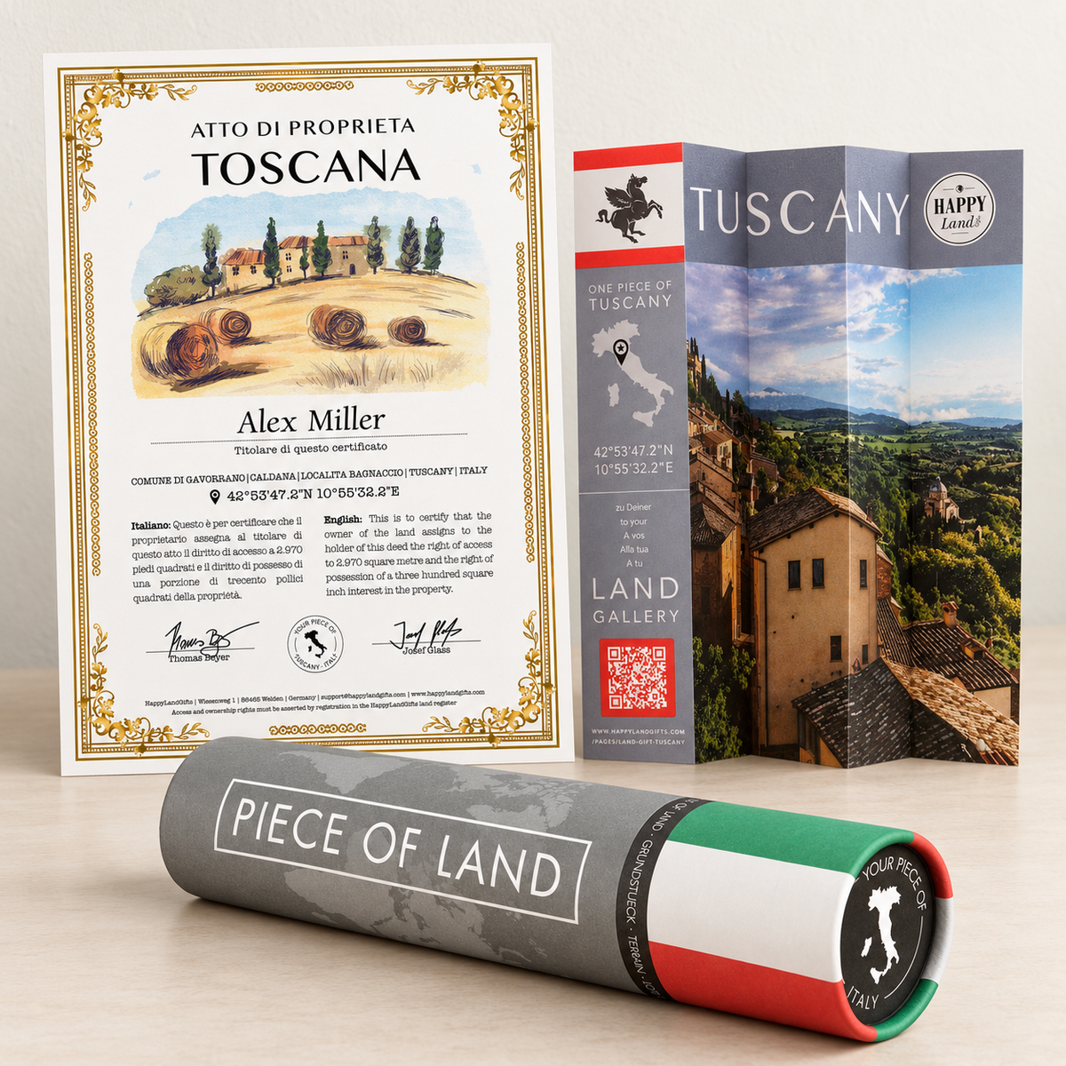 Tuscany Premium land gift with certificate, folded flyer and gift tube on light oak