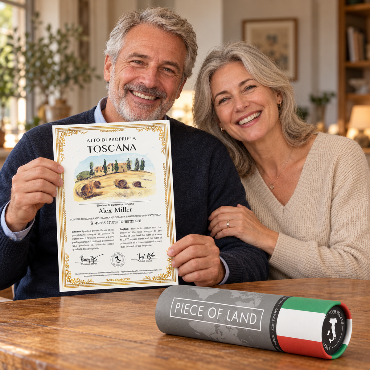 Two people enjoy a Tuscany land gift with a personalised certificate and matching gift tube