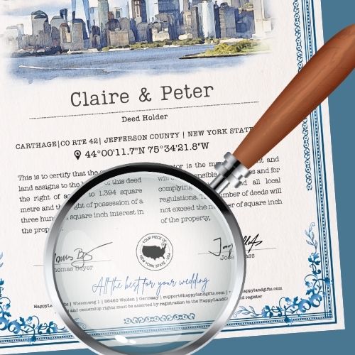 Persönliche Geschenke zur Hochzeit – romantisches Landgeschenk mit individueller personalisierterer Urkunde