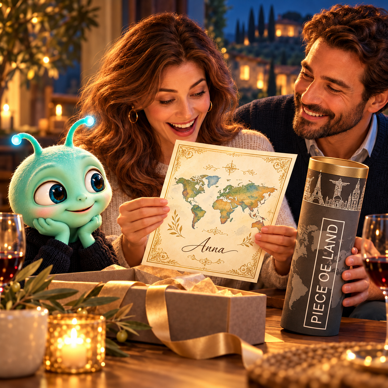 A couple discovers their personalized land gift, with the alien sharing their joy. Illustrative scene.