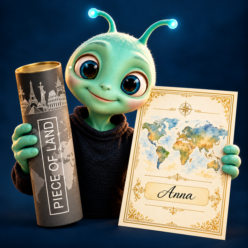The friendly alien holds a gift tube and an illustrative world-map certificate for Anna.