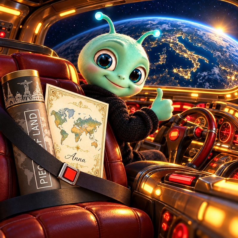 Der Alien fliegt glücklich zurück ins All. Seine Geschenkrolle und die Urkunde sind auf dem Nachbarsitz angeschnallt.